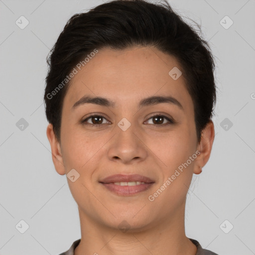 Joyful white young-adult female with short  brown hair and brown eyes