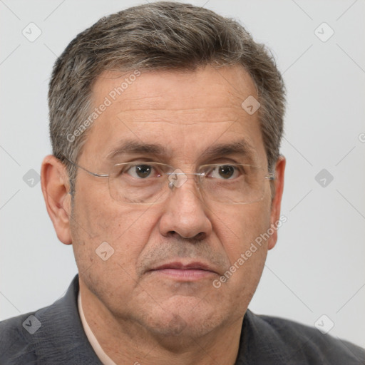 Neutral white middle-aged male with short  brown hair and brown eyes