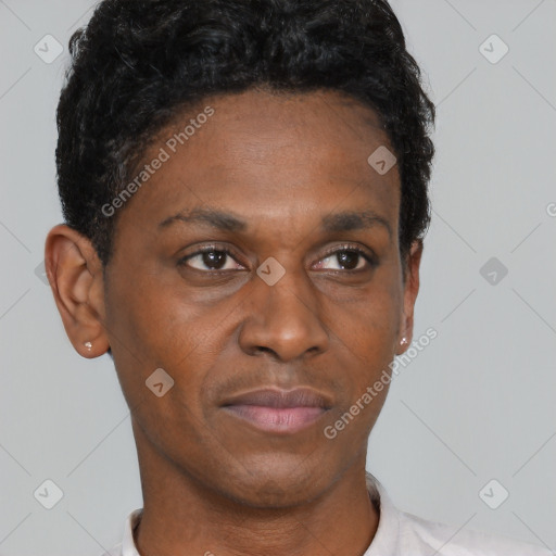 Neutral black young-adult male with short  black hair and brown eyes