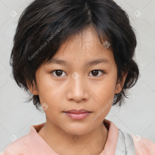 Joyful white child female with medium  brown hair and brown eyes