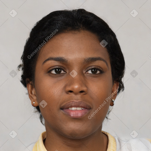 Neutral black young-adult female with short  black hair and brown eyes