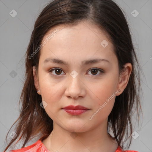 Neutral white young-adult female with medium  brown hair and brown eyes