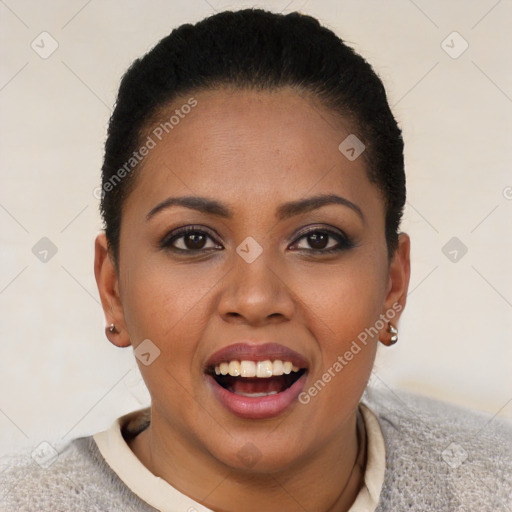 Joyful black young-adult female with short  brown hair and brown eyes