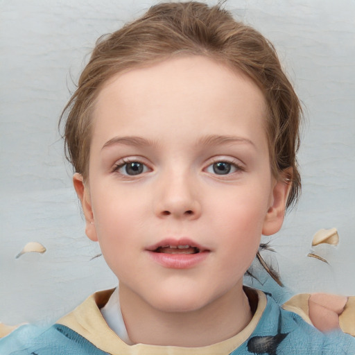 Neutral white child female with medium  brown hair and blue eyes