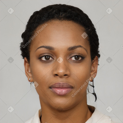 Neutral black young-adult female with short  black hair and brown eyes