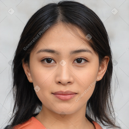 Neutral asian young-adult female with medium  brown hair and brown eyes