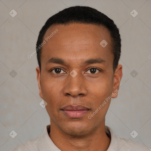 Neutral black young-adult male with short  black hair and brown eyes