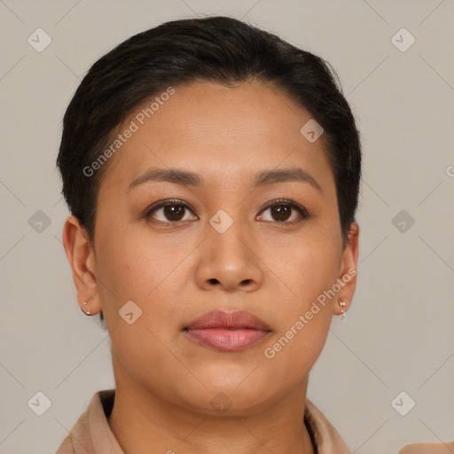 Joyful asian young-adult female with short  brown hair and brown eyes