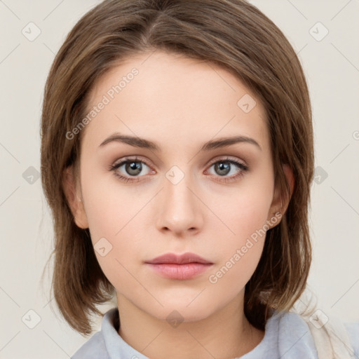 Neutral white young-adult female with medium  brown hair and brown eyes