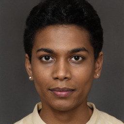 Neutral black young-adult male with short  black hair and brown eyes