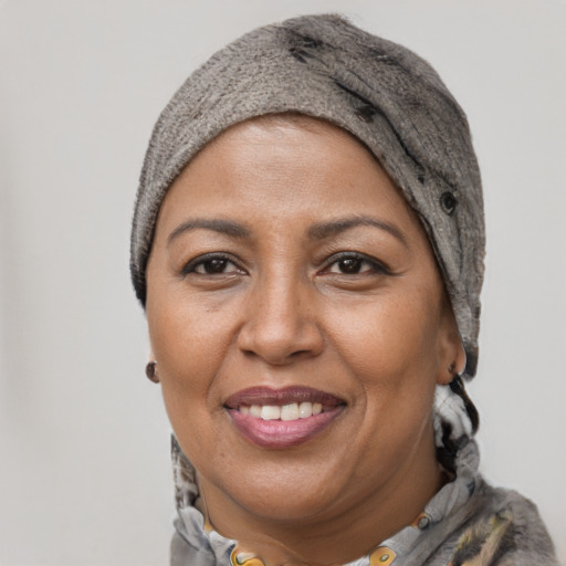 Joyful black adult female with short  brown hair and brown eyes