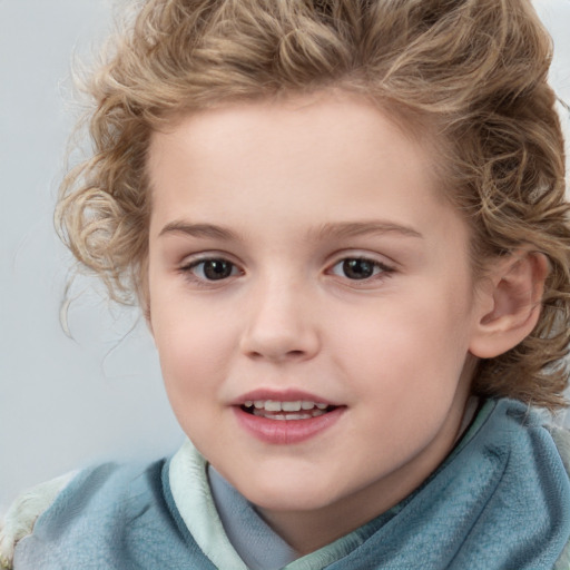 Joyful white child female with medium  brown hair and grey eyes