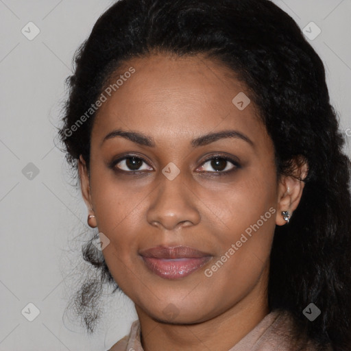 Joyful latino young-adult female with long  black hair and brown eyes