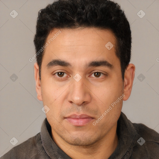 Neutral white adult male with short  black hair and brown eyes