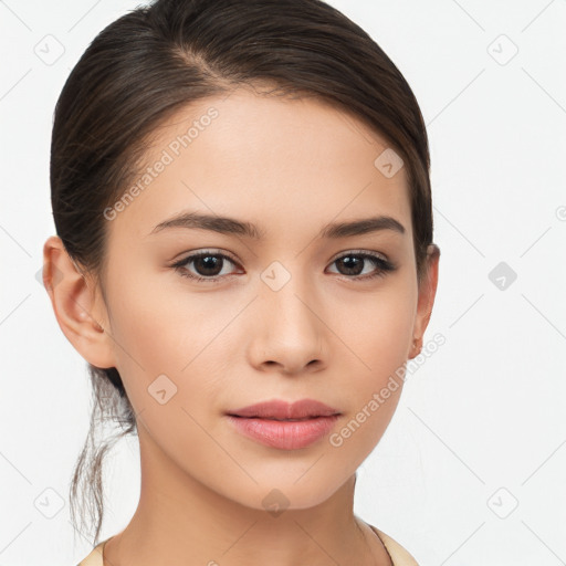 Neutral white young-adult female with medium  brown hair and brown eyes