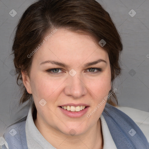 Joyful white young-adult female with medium  brown hair and blue eyes