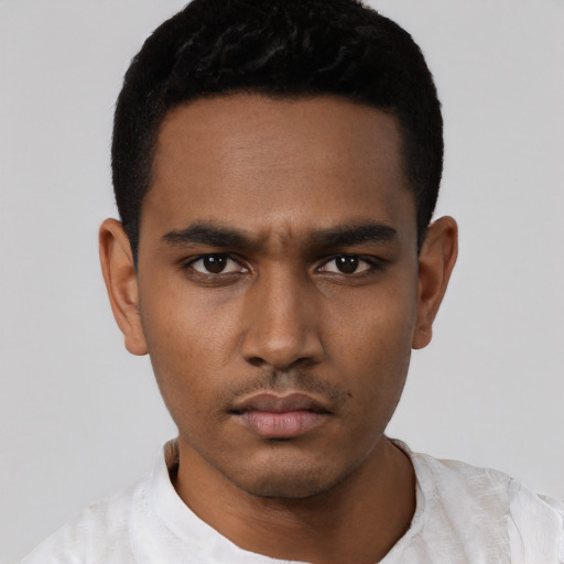 Neutral black young-adult male with short  black hair and brown eyes