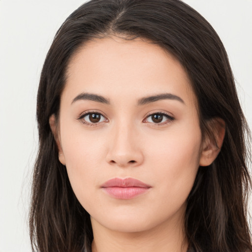 Neutral asian young-adult female with long  brown hair and brown eyes