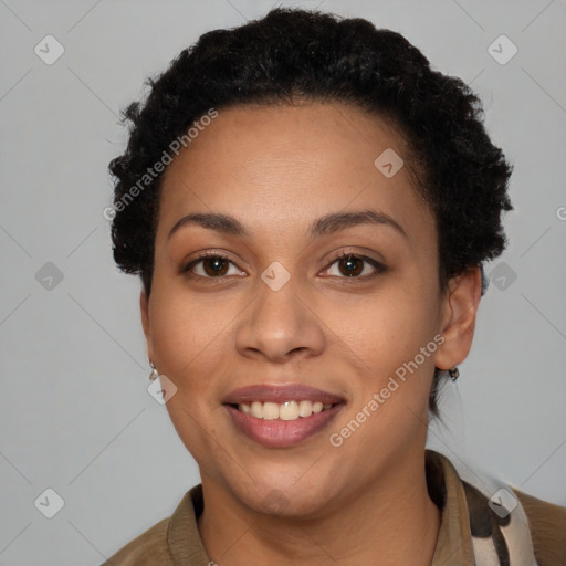 Joyful latino young-adult female with short  brown hair and brown eyes