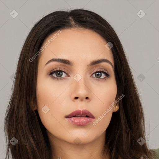 Neutral white young-adult female with long  brown hair and brown eyes