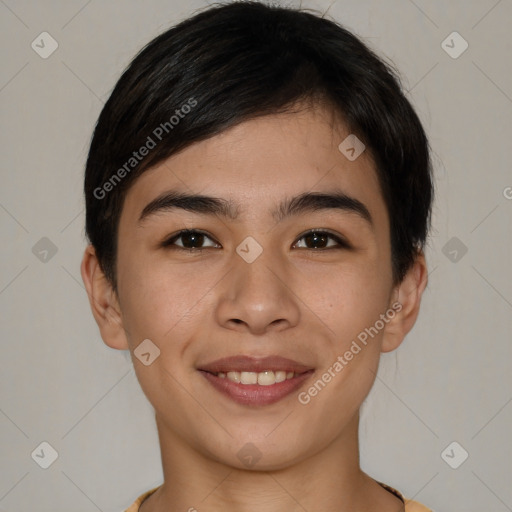 Joyful asian young-adult female with short  brown hair and brown eyes