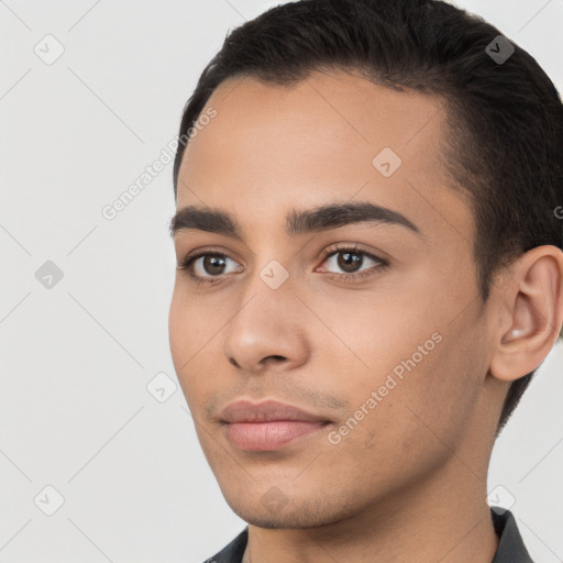 Neutral white young-adult male with short  brown hair and brown eyes