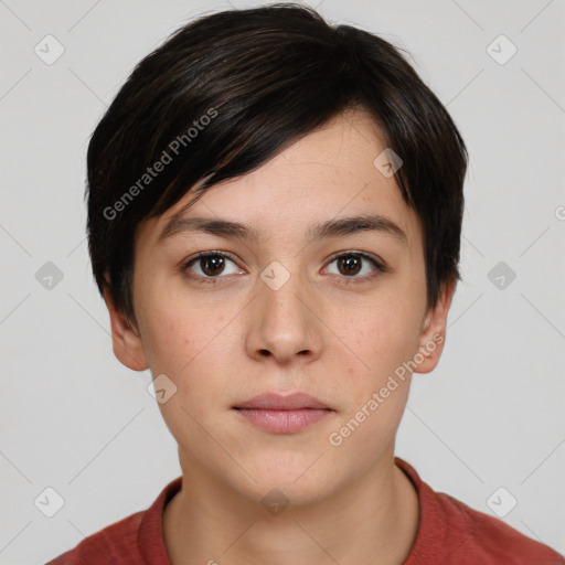 Neutral white young-adult female with short  brown hair and brown eyes