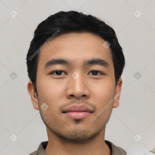 Neutral asian young-adult male with short  black hair and brown eyes