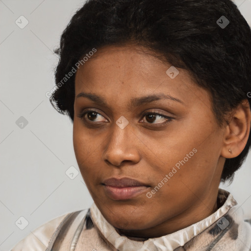 Neutral black young-adult female with short  brown hair and brown eyes