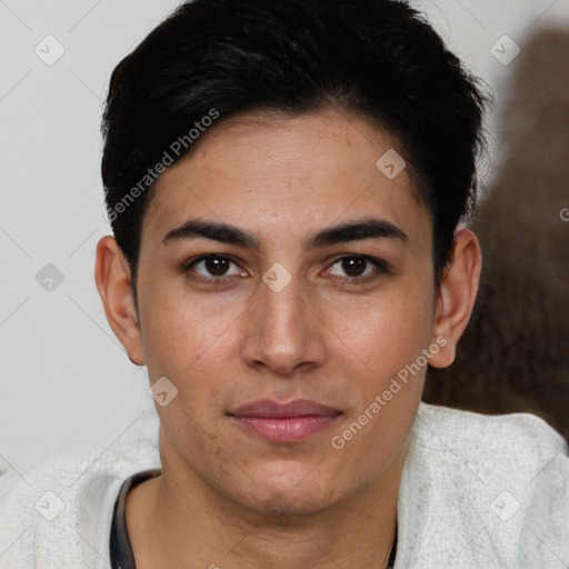 Joyful white young-adult male with short  black hair and brown eyes