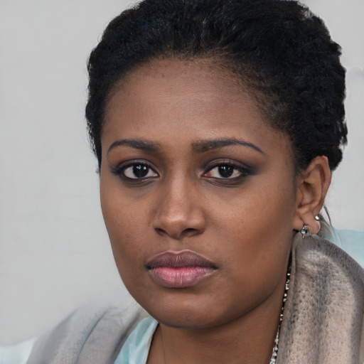 Neutral black young-adult female with short  black hair and brown eyes