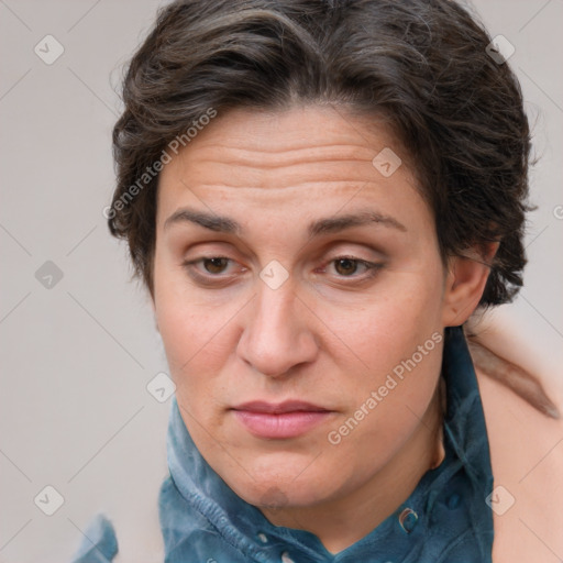 Joyful white adult female with short  brown hair and brown eyes