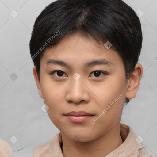 Neutral asian young-adult female with short  brown hair and brown eyes