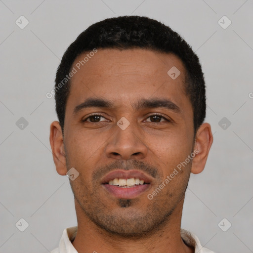 Neutral latino young-adult male with short  black hair and brown eyes