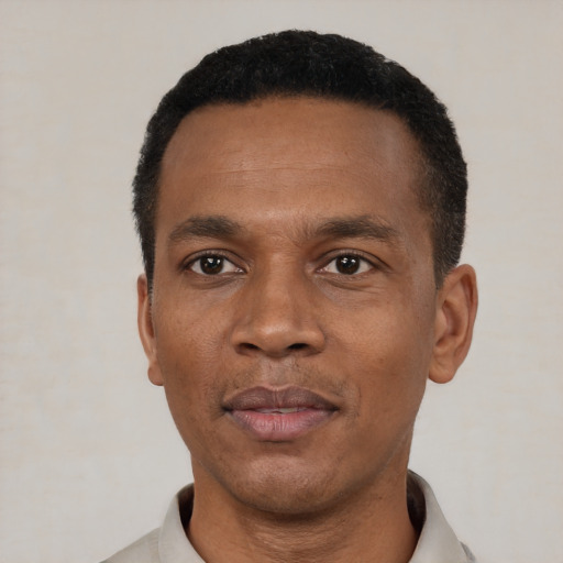Neutral black adult male with short  black hair and brown eyes