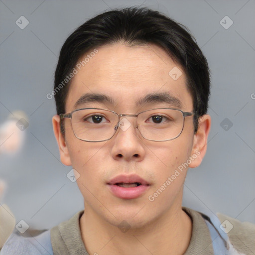 Neutral asian young-adult male with short  brown hair and brown eyes