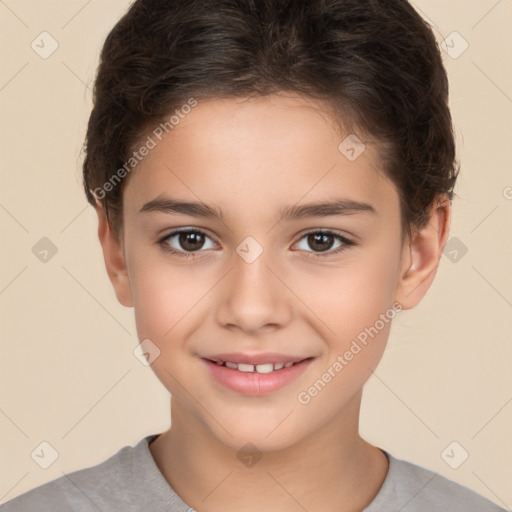 Joyful white child female with short  brown hair and brown eyes