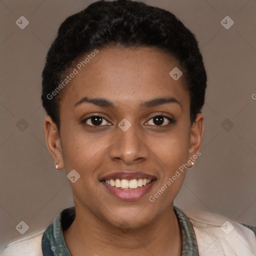 Joyful latino young-adult female with short  brown hair and brown eyes