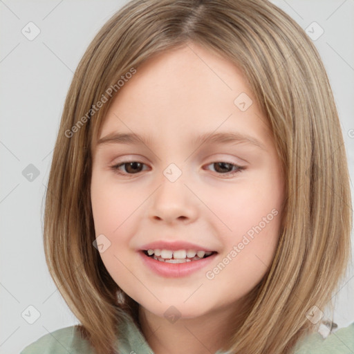 Joyful white child female with medium  brown hair and brown eyes