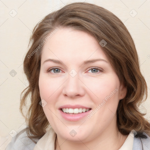 Joyful white young-adult female with medium  brown hair and blue eyes