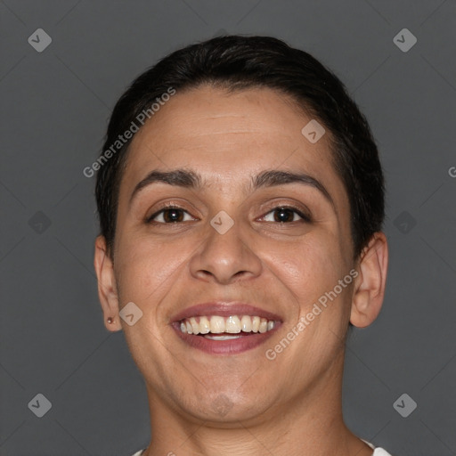 Joyful white adult female with short  brown hair and brown eyes