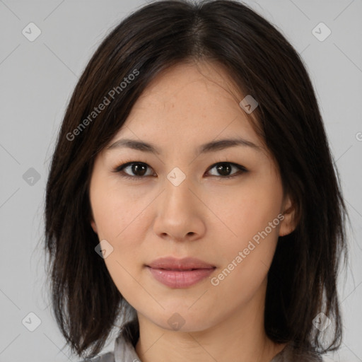 Neutral asian young-adult female with medium  brown hair and brown eyes