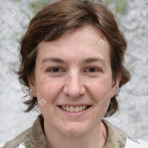 Joyful white adult female with medium  brown hair and grey eyes