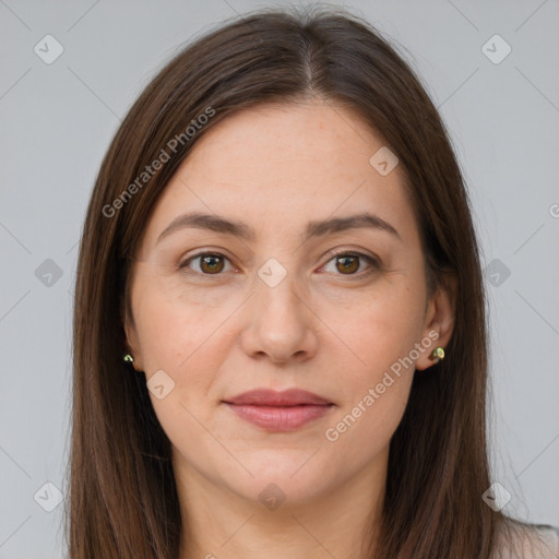 Joyful white young-adult female with long  brown hair and grey eyes