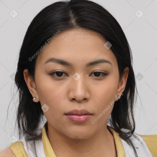 Neutral asian young-adult female with medium  brown hair and brown eyes