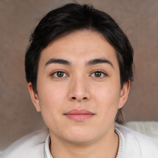 Neutral white young-adult female with short  brown hair and brown eyes