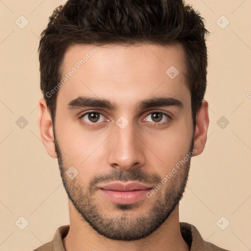 Neutral white young-adult male with short  brown hair and brown eyes