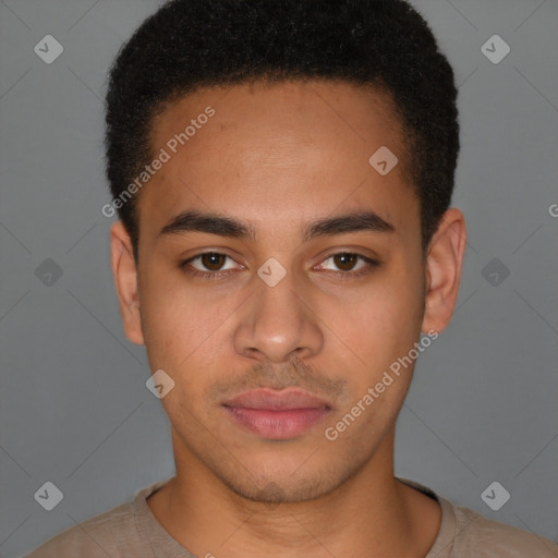 Neutral latino young-adult male with short  brown hair and brown eyes