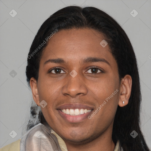 Joyful latino young-adult female with long  black hair and brown eyes