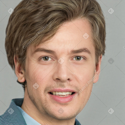 Joyful white adult male with short  brown hair and grey eyes